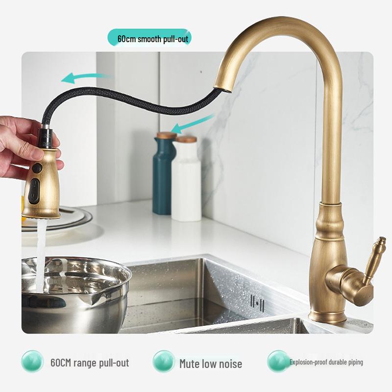 Elegant European-Style Brass Kitchen Faucet with Pull-Out Sprayer for Hot and Cold Water