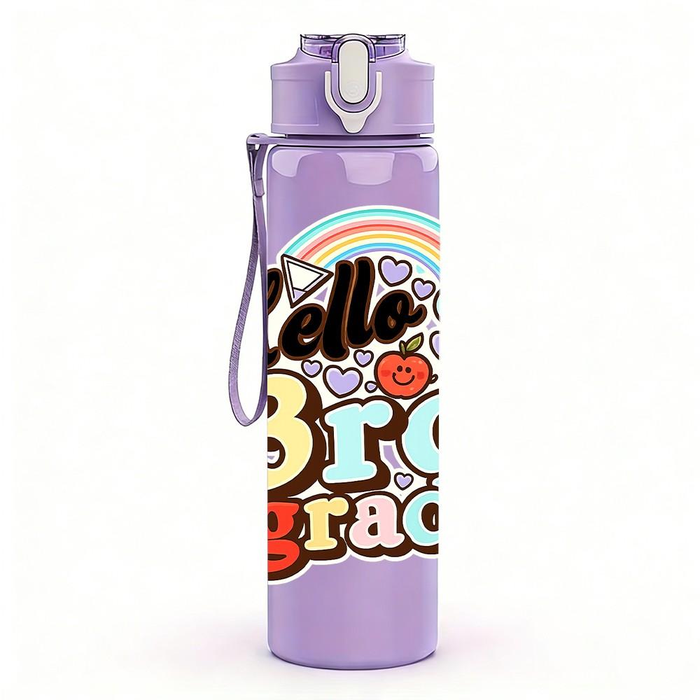 1PC Hello Third Grade Rainbow Art 750ml Color Plastic Sports Water Bottle Leakproof Flip Straw Lid Suitable for Sports Office Home Use