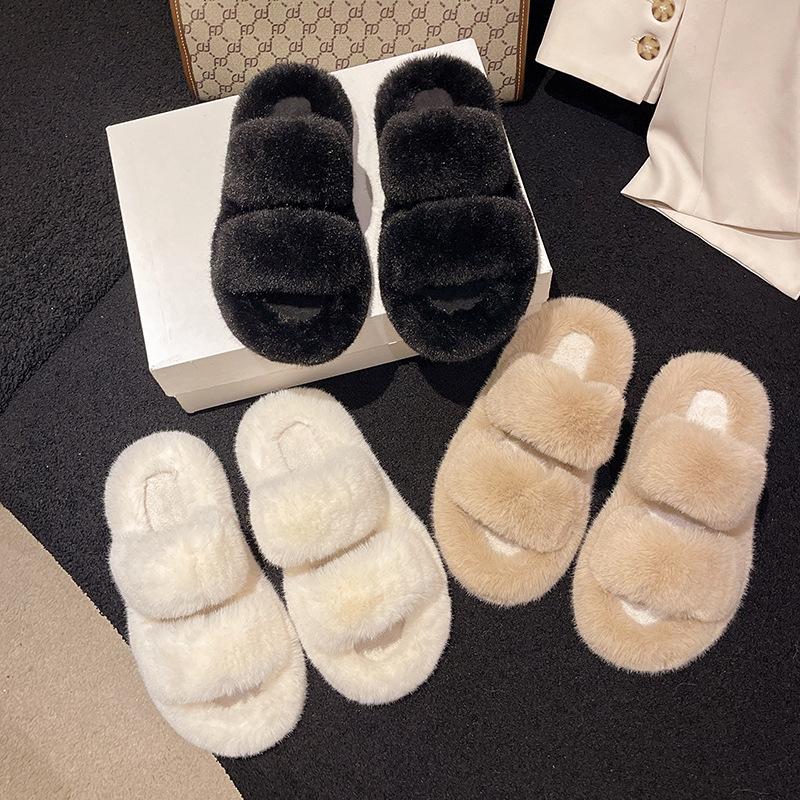 Dicke Sohle flauschige Hausschuhe Damen 2024 neu Feenstil Mode Temperament Ein-Wort-Schlepp Designgefühl Flache Sohle Schlepp Tide