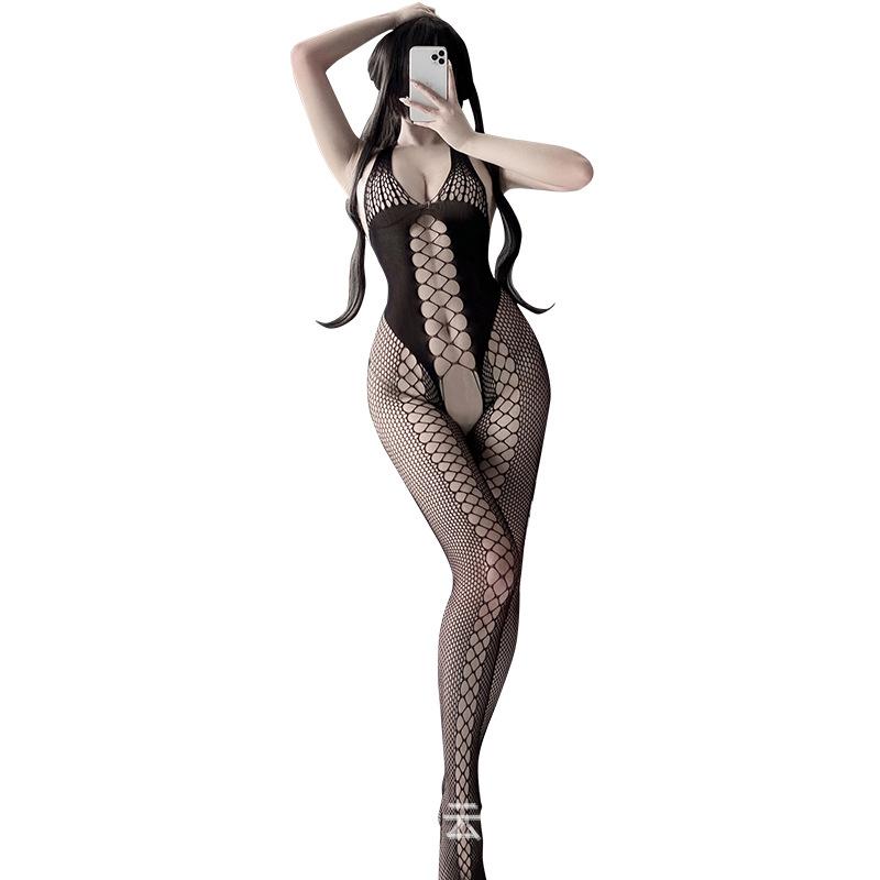 Sex Underwear One-piece Netwear Net Socks Set Suspender Hollow Crotch Large Size Sexy Neck Hanging