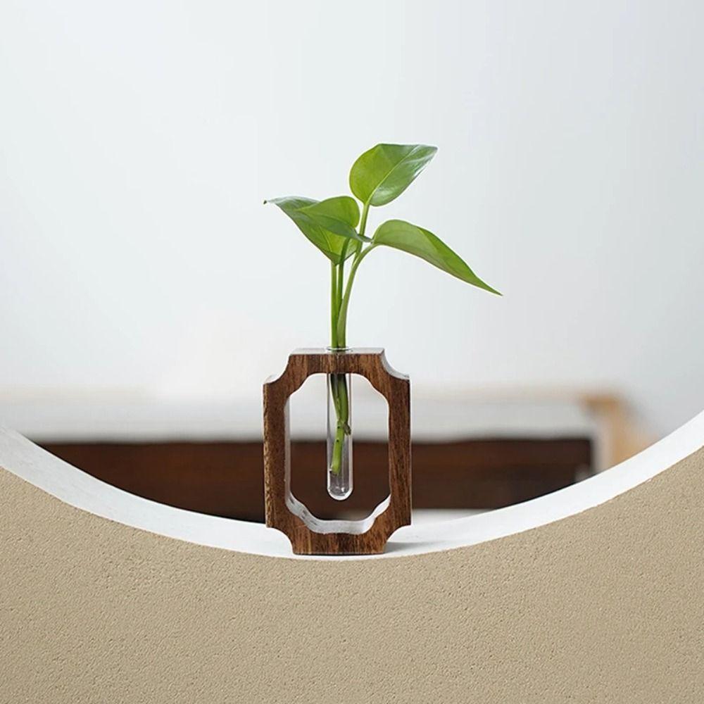 Vase Ornaments Solid Wood Flower Vase Test Tube Shape Glass Vase  for Home Desktop Decoration
