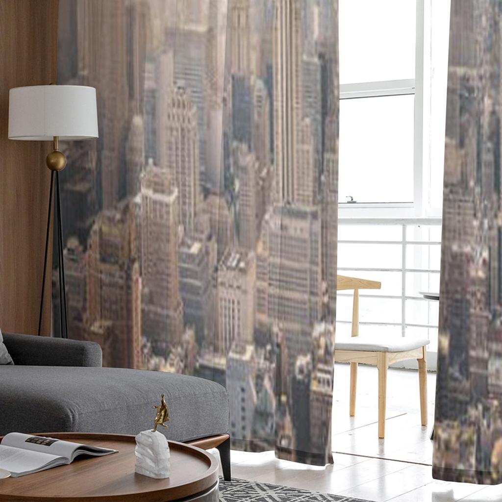 New York City Skyline Mit Blauem Bewölktem Himmel Und Sonnenstrahlen Transparente Vorhänge für Wohnzimmer Schlafzimmer Fenster Voiles Tüllvorhang