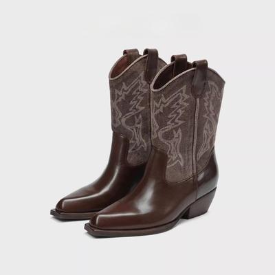 Fashion New Women's Vintage Embroidery Woman Western Cowgirl Boot Casual Slip On Knight Booties Autumn Winter Thick Heel Girl Shoes