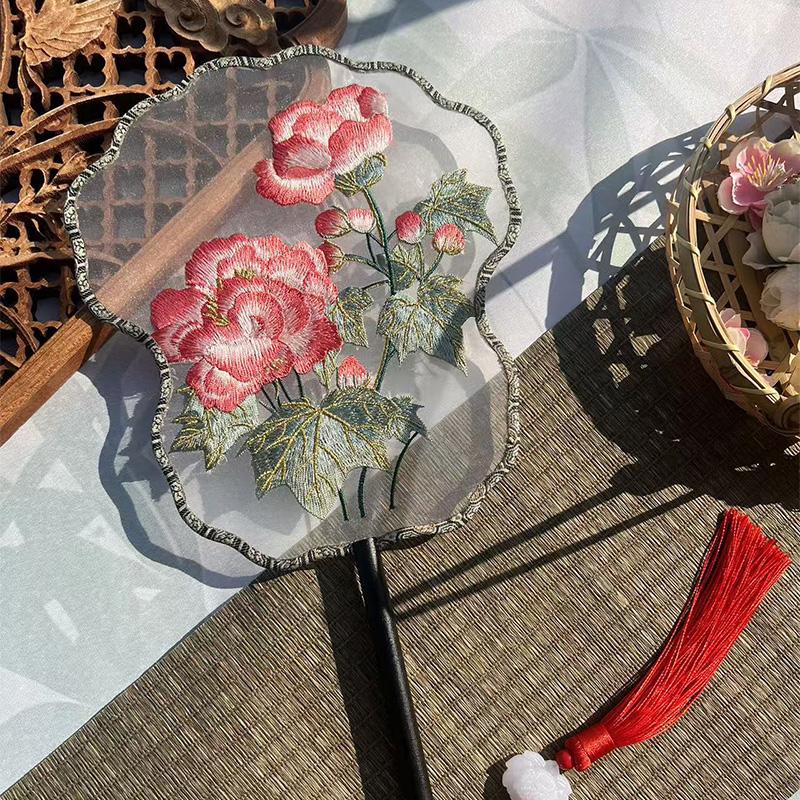 Chinese Style Hanfu Ancient Fan Dance Shooting Long Handled Embroidered Classical Double Sided Fan Female Decorative Fan