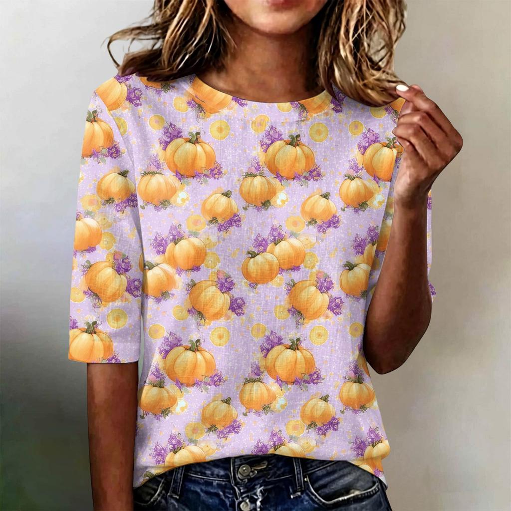 Loose Fit Womens Casual Short Sleeve Top Round Neck Lightweight Comfortable Pullover Shirt with Halloween Themed Print