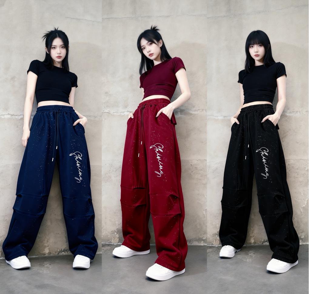 American Trendy Pleated Glitter Cargo Pants for Autumn/Winter Dance and Casual Wear