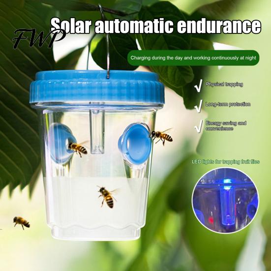 Fruit Fly Trap with Light Outdoor Solar Wasp Trap, Hanging Waterproof Hornet Bucket, Reusable Yellow Jacket Powered LED Light, Catcher for Garden