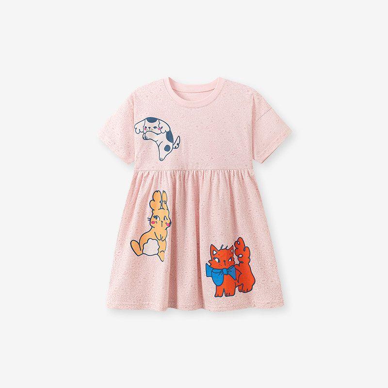 New Foreign Trade Style Children's Clothing, Girls' Cartoon Cat Print Dress, Summer Short-Sleeved Waist-Cinching Pink Princess Dress