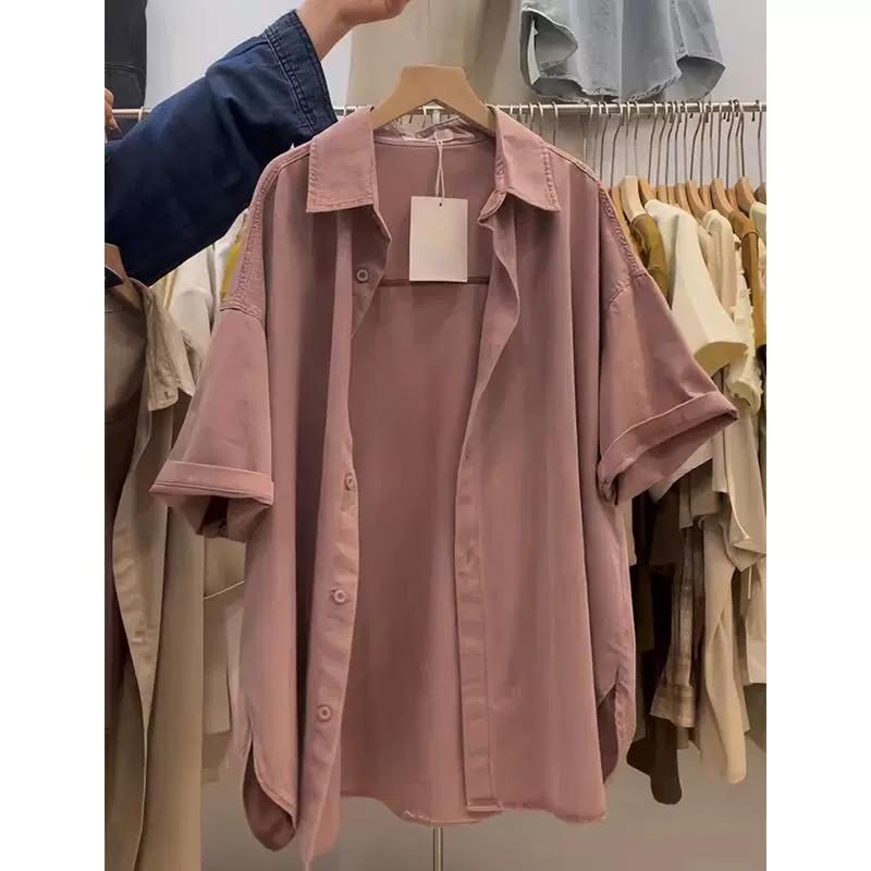 over Plus Size 150.00kg Hong Kong Style Chic Short-Sleeved Shirt for Women Plus Size Ladies Summer Thin Loose Retro Cardigan Shirt Trendy 2