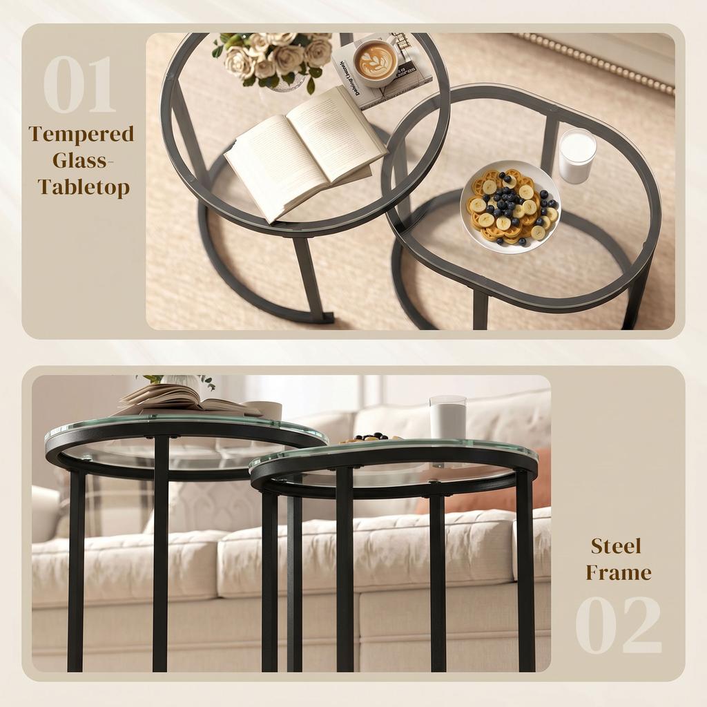 Nest Of Tables With Steel Frame And Tempered Glass Tabletop Modern Coffee Table Set Of 2 Black