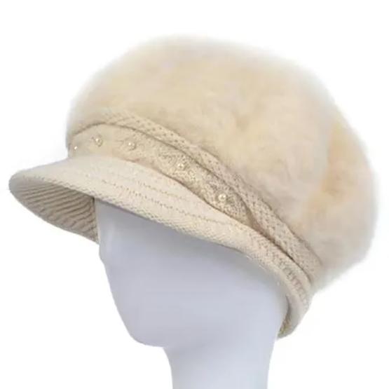 WTEMPO Winter Rabbit Hair Blend Hats Women Winter Large Caps with Pearls Solid Color Warm Plush Thick Knitted Hats
