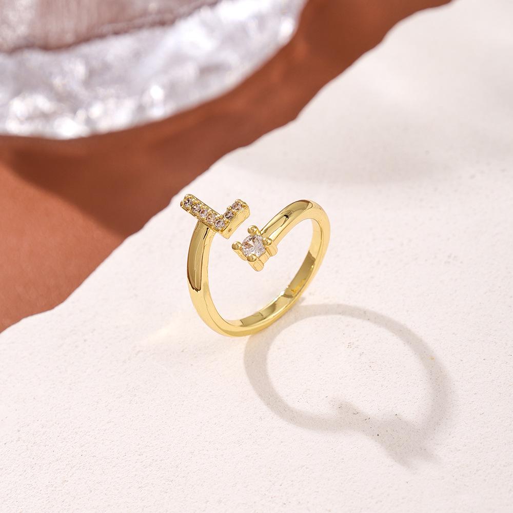 Copper Inlaid Zircon Alphabet Ring: Women's Fashionable Adjustable Open Ring