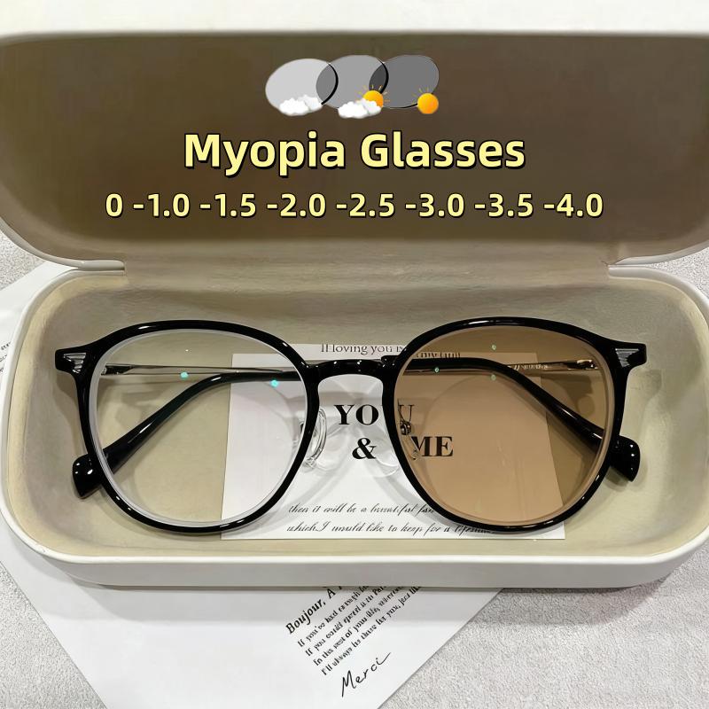 Fashionable Large Frame Circular Photochromic Myopia Glasses Men's and Women's Retro High-definition Anti Blue Light Glasses