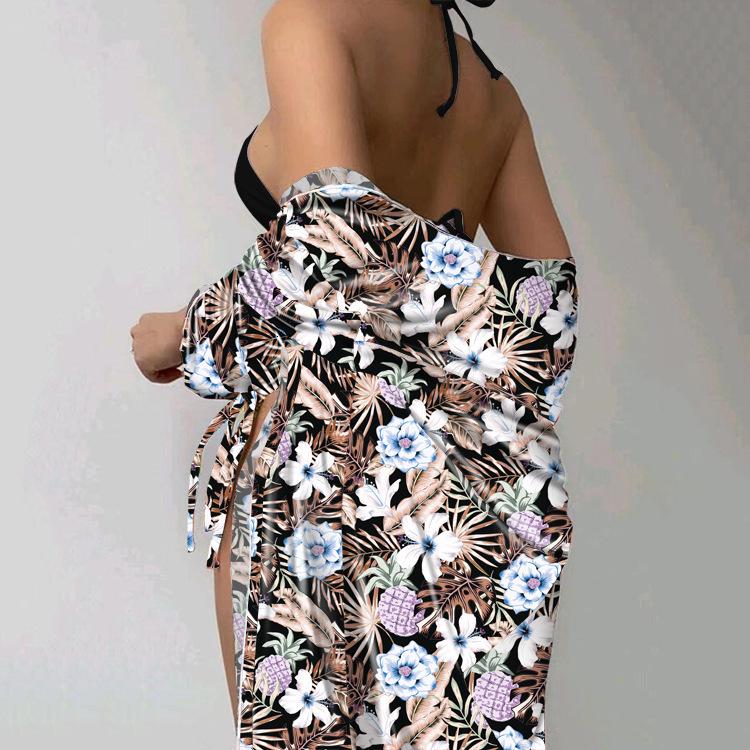 European and American High-Waisted Bikini Set with Printed Long-Sleeved Cover-Up