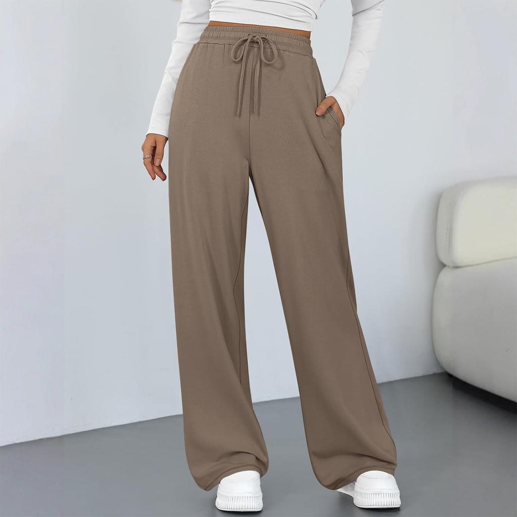 Modische Damen-Farbhose mit weitem Bein, hoher Taille, lockeren Taschen mit Kordelzug, Freizeithose