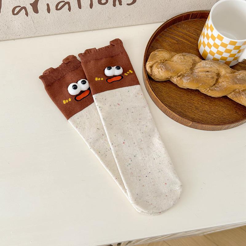 

Cute Funny Socks Women S Japanese Trend Cartoon Expression Medium Tube Socks Ideas Yarn Stripes Contrasting Color Medium Tube Socks one size брудно-білий