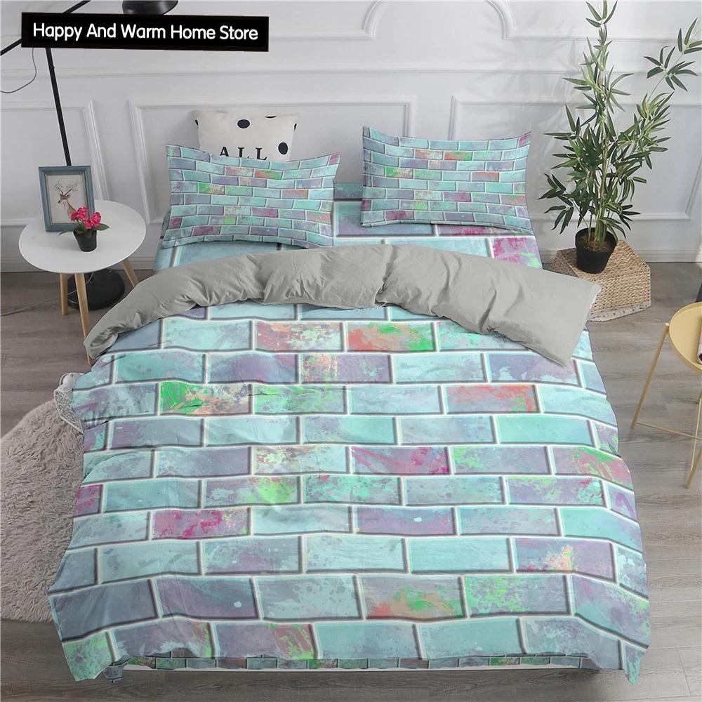 Building Block King Queen Duvet Cover Colorful Brick Bedding Set for Boys Teens Adults Cartoon 2/3pcs Polyester Comforter Cover