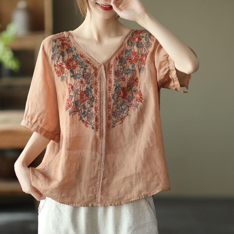 Summer Retro Artistic Embroidery Cotton Nd Linen Top for Women Loose Temperament Pullover Short Sleeved Shirt