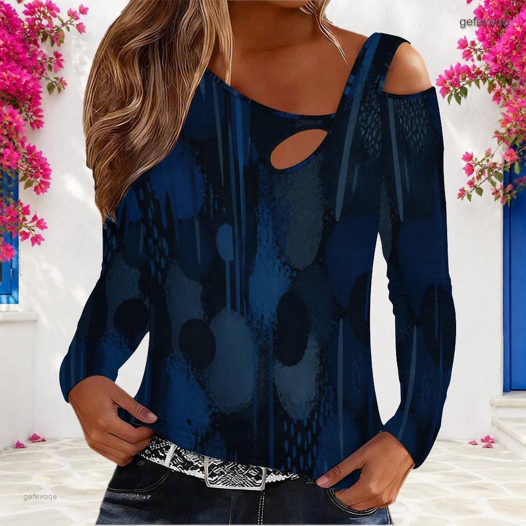 Women Plus Size Asymmetric Cutout Neck Cold Shoulder Long Sleeve Blue Printed Fitted Blouse