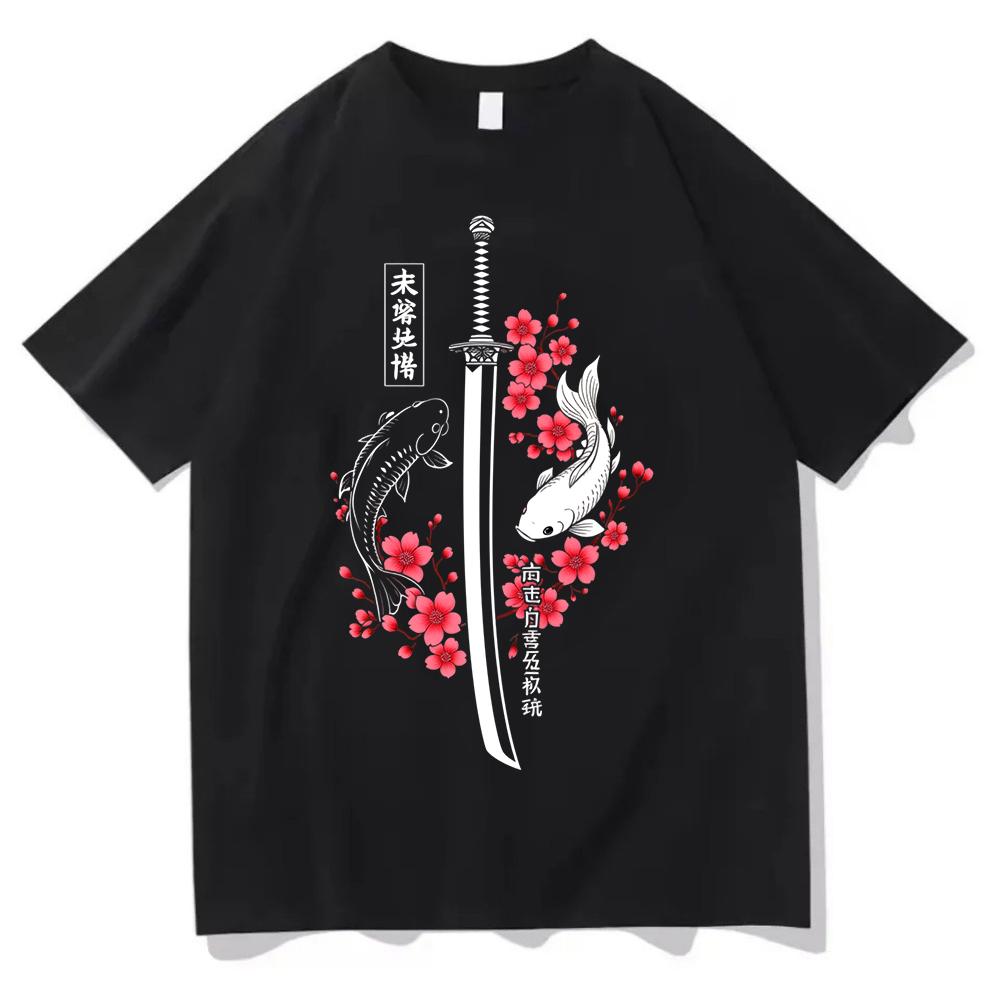 

Japanese Koi Fish Katana T Shirt Sakura Cherry Blossom Tee Harajuku Streetwear Top Vintage Samurai Aesthetic Unisex Shirt 4XL