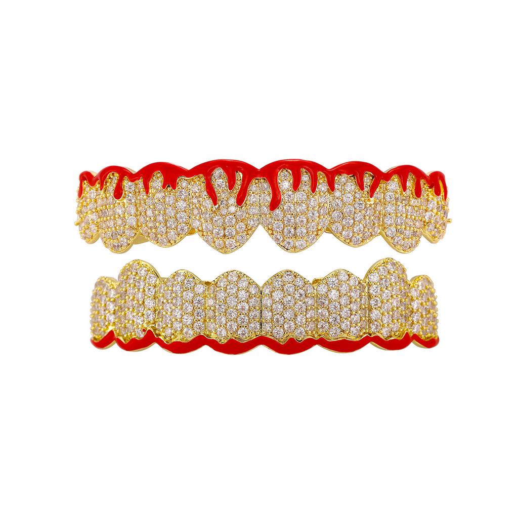 Iced Out Custom Flame Grillz Gold Plated Full Zircon Diamond Hip Hop Body Grillz for Halloween Party