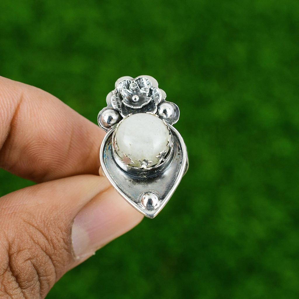 Gift For Her 925 Silver Natural Rainbow Moonstone Promise Flower Adjustable Ring