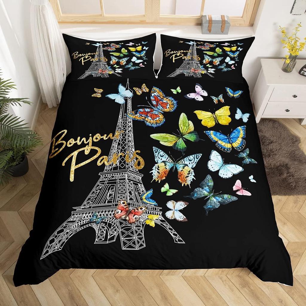 Eiffel Tower Bedding Set Twin Queen Pink Cherry Blossom Duvet Cover Romantic Theme Butterfly Print Comforter Cover for Girl Boys