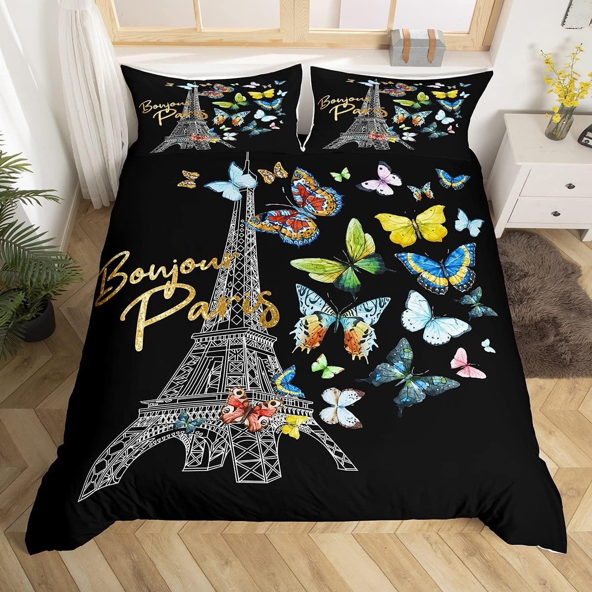 

Eifel Tower Beding Set Twin Quen Pink Chery Blosom Soft Duvet Cover Romantic Theme Buterfly Print Warm Comforter Cover for Girl Young Boys 135*200cm Eu-Single