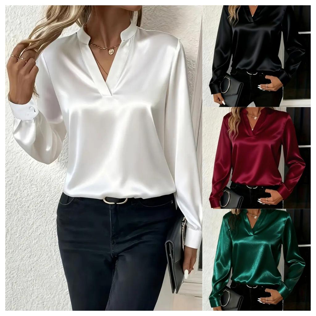 Women's Stand Collar V Neck Long Sleeve Satin Blouse Loose Elegant Work Shirt