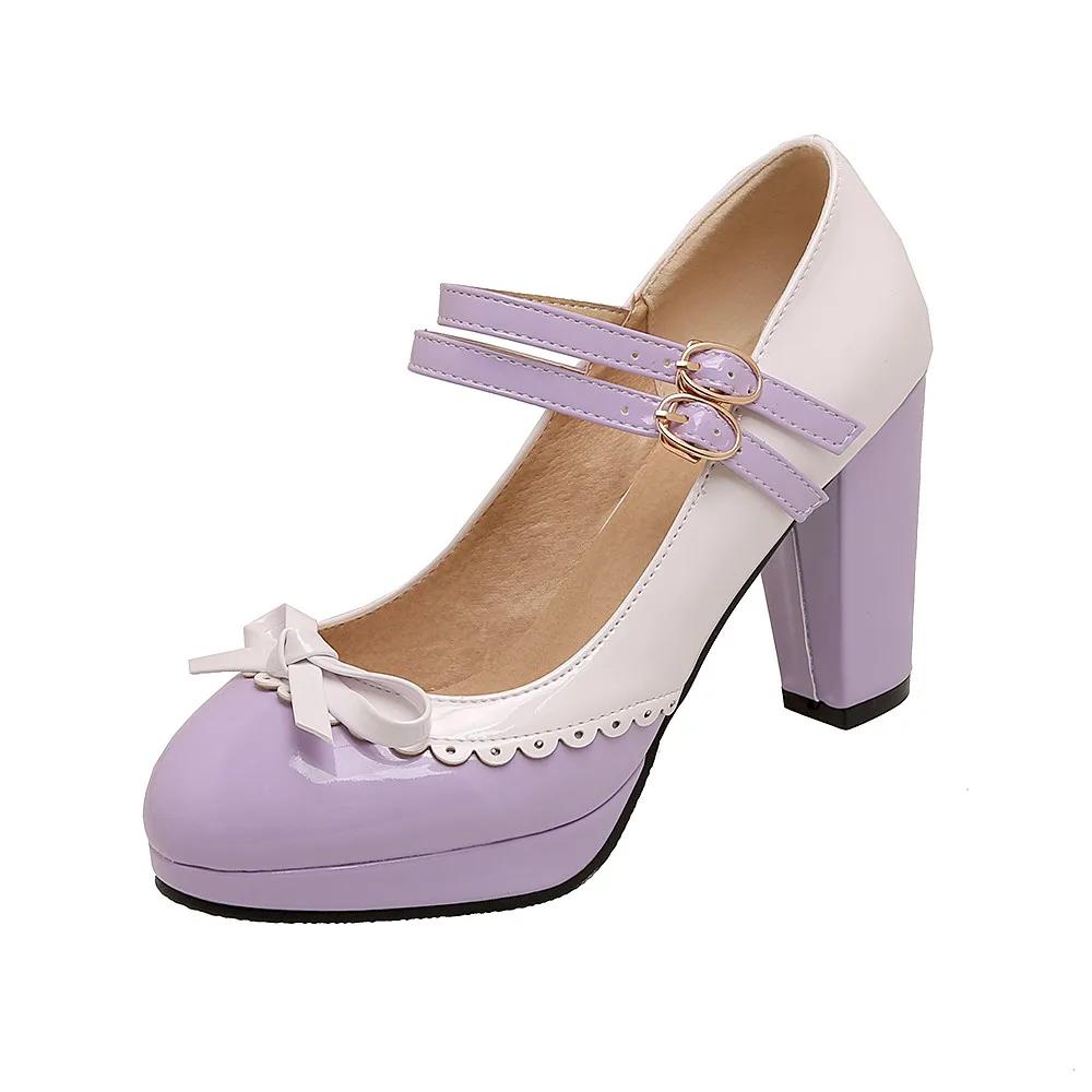 

Мода Весна Новые Туфли-лодочки на платформе и квадратном высоком каблуке для женщин, Сладкий бант-бабочка, Женская обувь на высоком каблуке, Разноцветная, Вечерняя женская обувь 34 фиолетовый