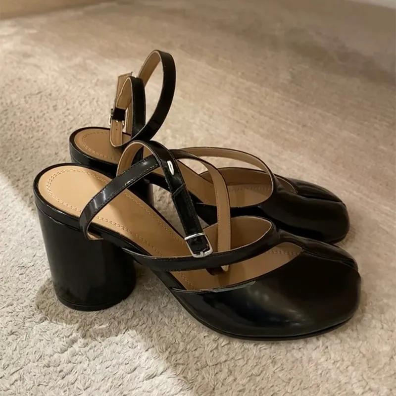 Ins Style Fashion Patent Leather Split Toe Women Pumps Spring Summer Thick High Heels Slingbacks Female Tabi Chunky Casual Shoes