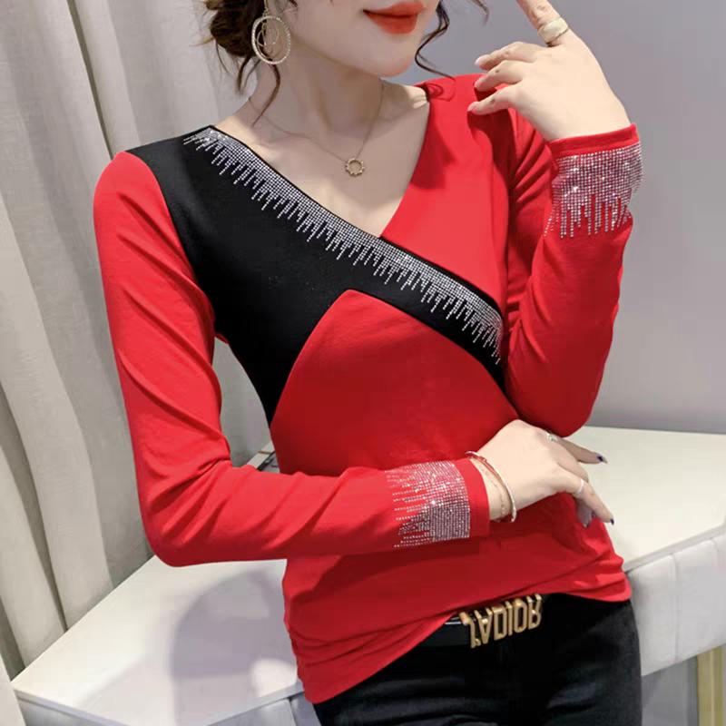 Spring Autumn Streetwear Girls Long Sleeve Cotton T-Shirt Clothes Fashion Contrast Color Patchwork Sexy Hot Diamonds Women Tops Tees