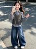 2026 Korean Style Girls' Puff Sleeve Plaid Three-Piece Set: Vest, Shirt, and Cowboy Cropped Pants