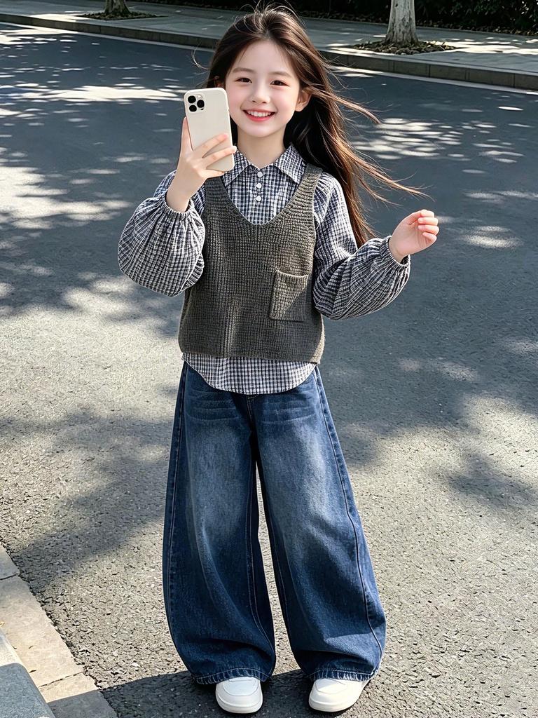 2026 Korean Style Girls' Puff Sleeve Plaid Three-Piece Set: Vest, Shirt, and Cowboy Cropped Pants