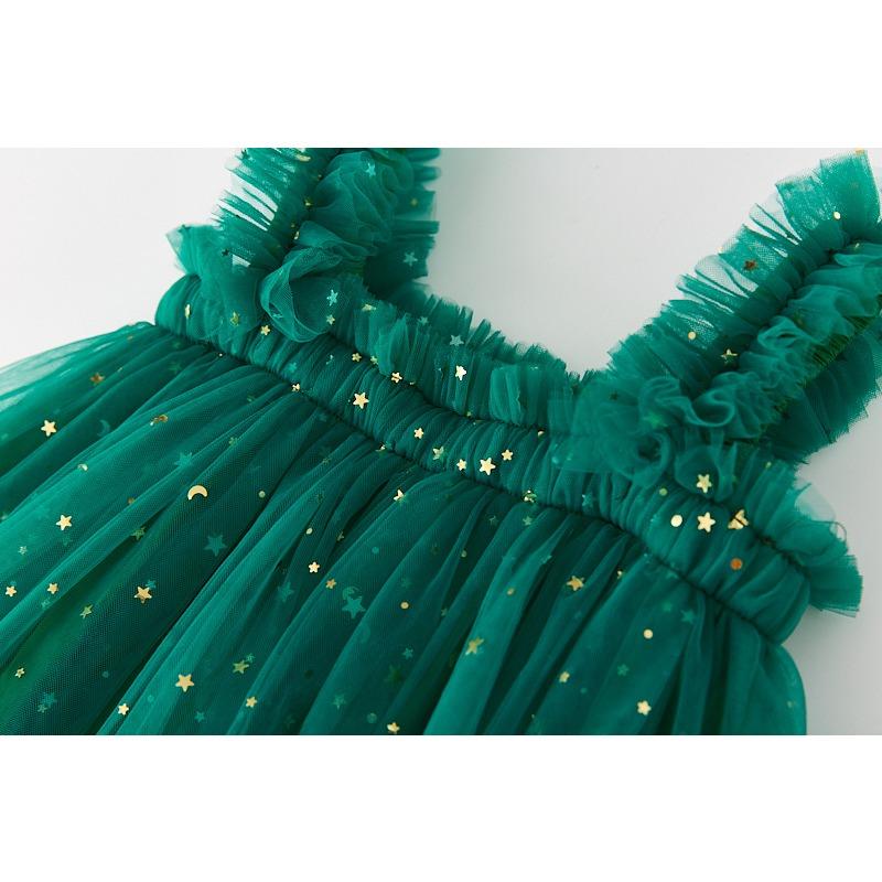 New Christmas Dress Stars Moon Strapless Dress Princess Mesh Shaggy Dress Children's Halter Dress Holiday Dress