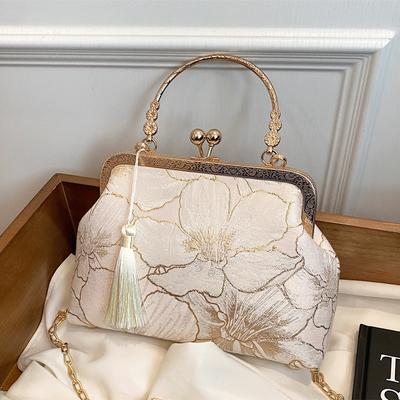 Torebka wieczorowa w stylu vintage dla kobiet Kiss Lock Top-Handle Clutch na ramię z łańcuszkiem Torebka mała typu crossbody z frędzlami Torebka wieczorowa na wesele, bal