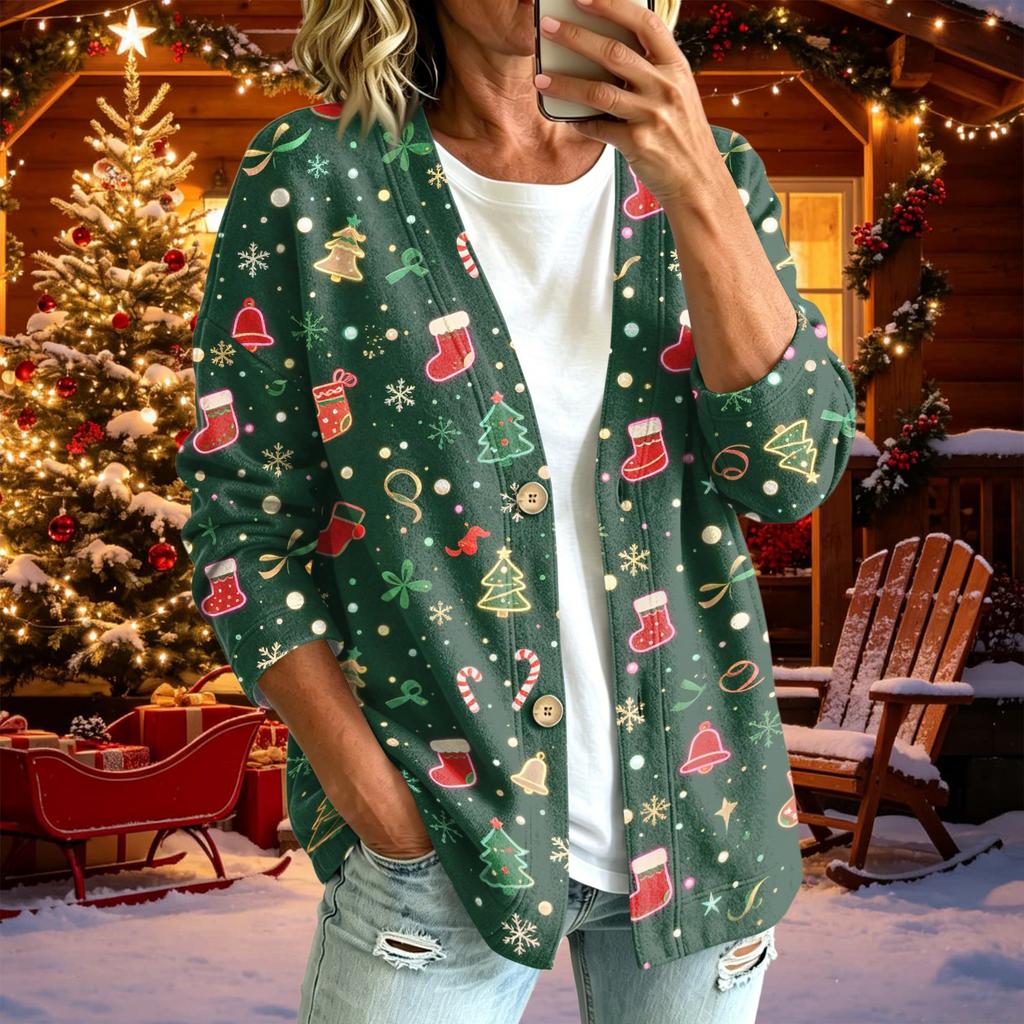 Women's Casual Christmas Print Long Sleeve Jacket for Fall Winter Holiday Wear
