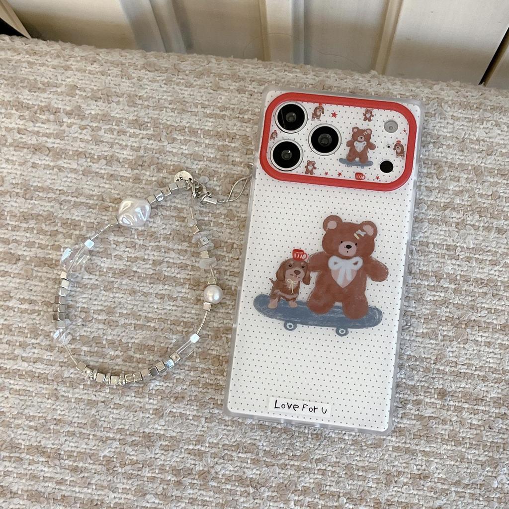 Brown Polka Dot Bear Chain Phone Case for iPhone 17/16 Pro Max/15 Pro - Girly Design