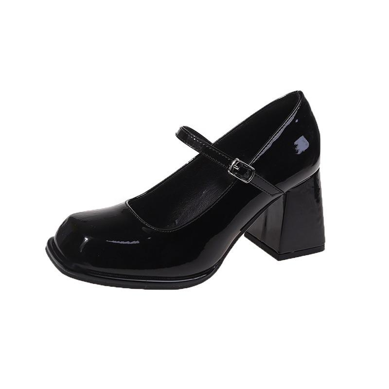 High heels women's retro black college style one-word buckle square head thick sole thick heel small leather shoes Mary Jane single shoes