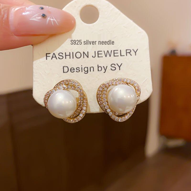 Silver Triangle Swirl Stud Earrings with Zircon and Pearl – French Retro, Luxurious Versatile Design