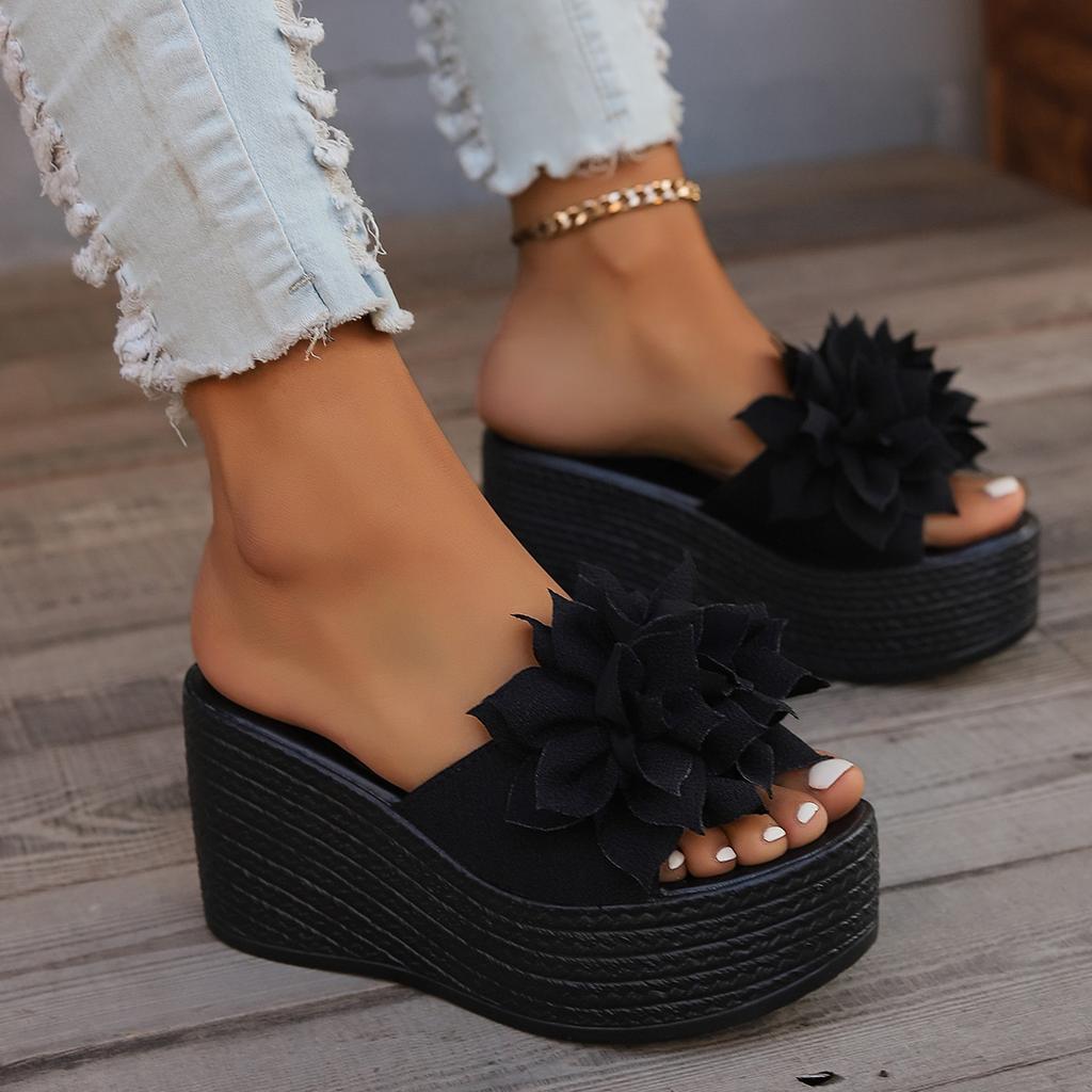 Summer New Flower Muffin Slippers Women's 2025 Large Size One-word Slippers Thick-soled Cool Slippers