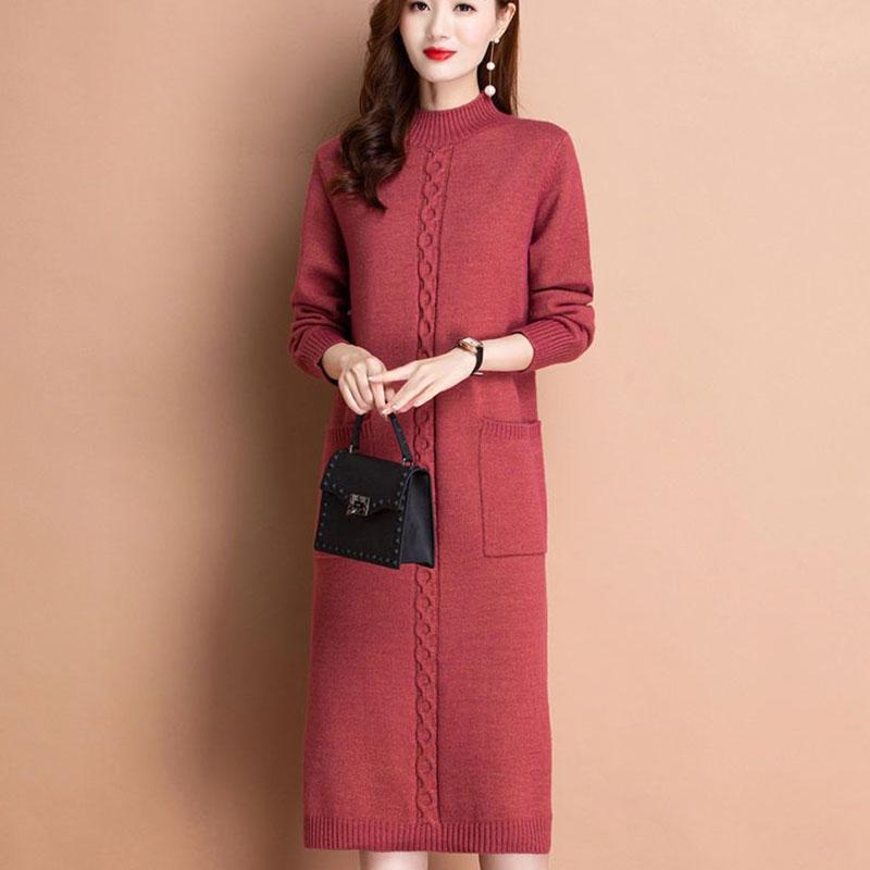 Autumn Winter Women's Half Turtleneck Knit Dress Slim Fit Solid Color Pullover Long Sweater Dress