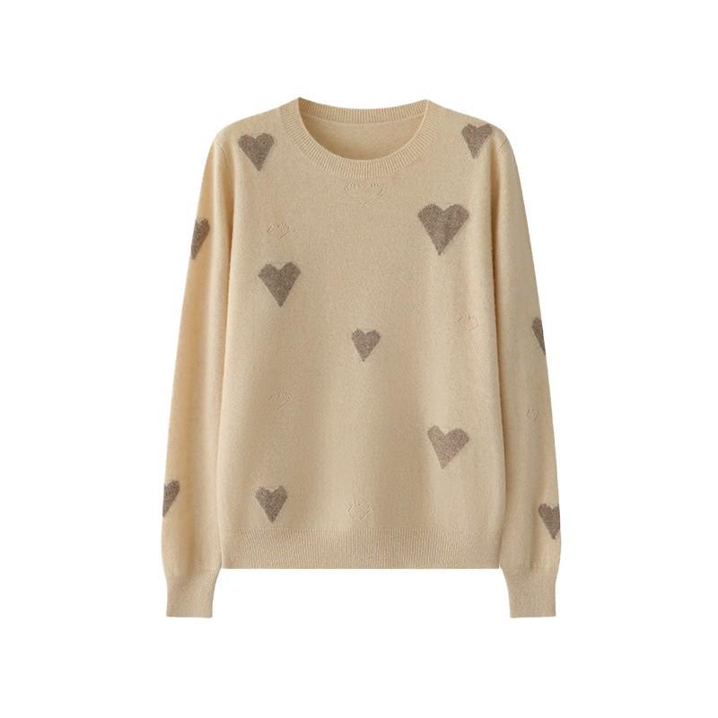 Women's Cashmere Color Block Heart Patchwork Sweater - Round Neck Long Sleeve Pullover