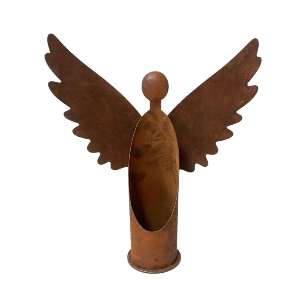 Romantic Rust Angel Candle Holder Vintage Handcrafted Candlestick Ornament Metal Wind Resistant Holder Yard