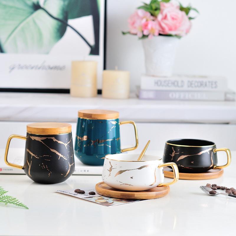 Nordic Marble Ceramic Coffee Mug Set With Lid Spoon Saucer Creative Couple Cup for Home Office Breakfast Afternoon Tea Gift