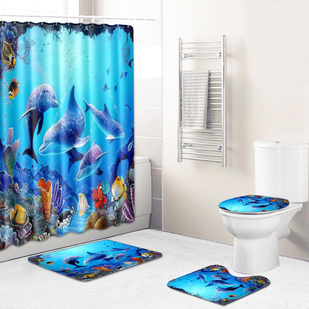 Fashion Sea World Dolphin Shower Curtain Set Bathroom Non-Slip Bath Mat Toilet Lid Cover Polyester Waterproof