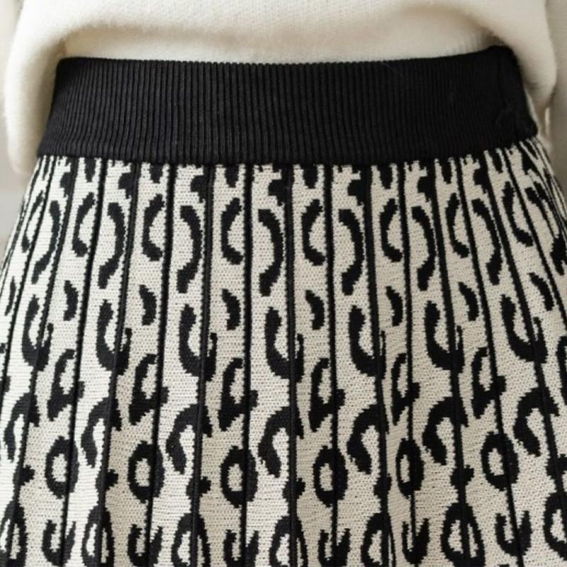 Gestrickte Lange Röcke Frauen Herbst Winter Mode Leopard Gedruckt A Linie Hohe Taille Plissee Midi Rock