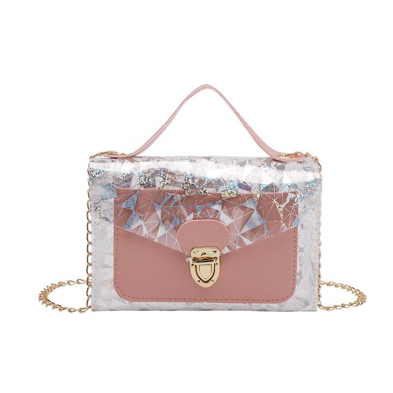 Women's bag summer film floral transparent jelly contrasting color chain lock mobile phone bag single shoulder oblique span portable