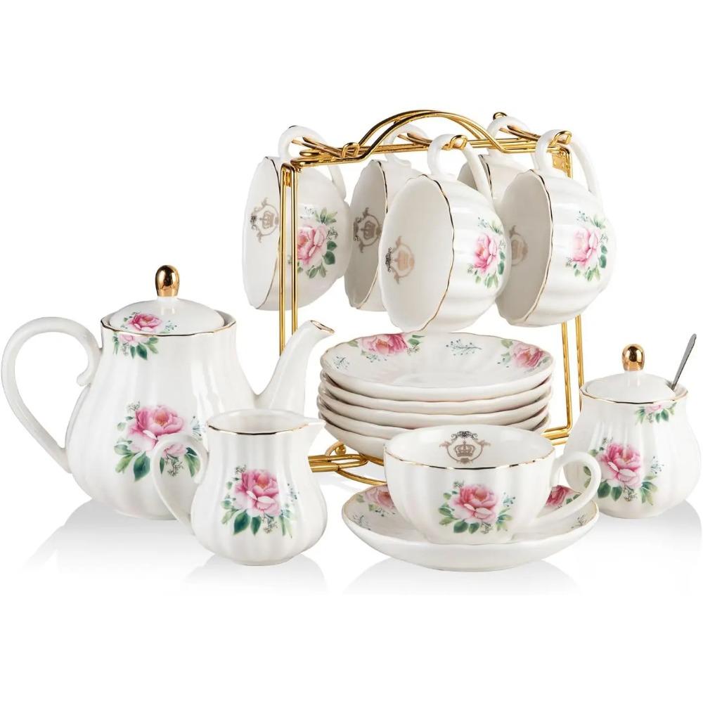 Seturi de Ceai din Porțelan Seria Regală Britanică, Căni de 8 OZ și Serviciu de Farfurii pentru 6 persoane, cu Ceainic, Zaharniță, Cremier, Lingurițe