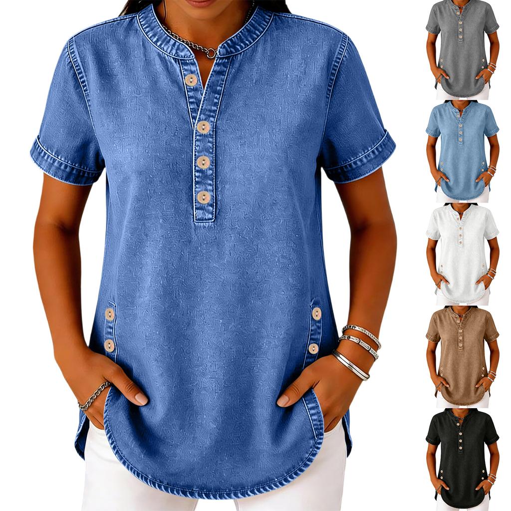 Ladies' Casual Imitation Denim V-neck Button Short Sleeved Top